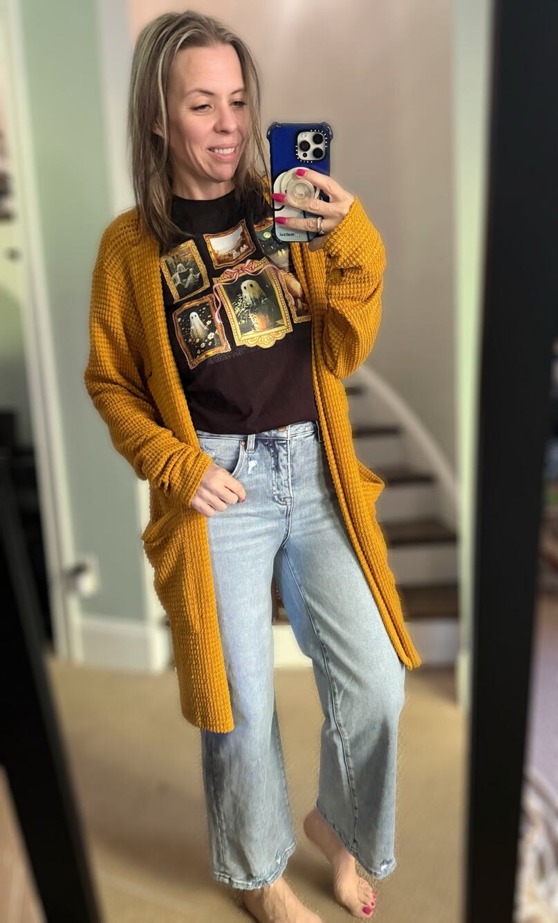 OS Plus (1X, 2X, 3X) Blakeley Mustard Lola Waffle Knit Cardigan with Pockets